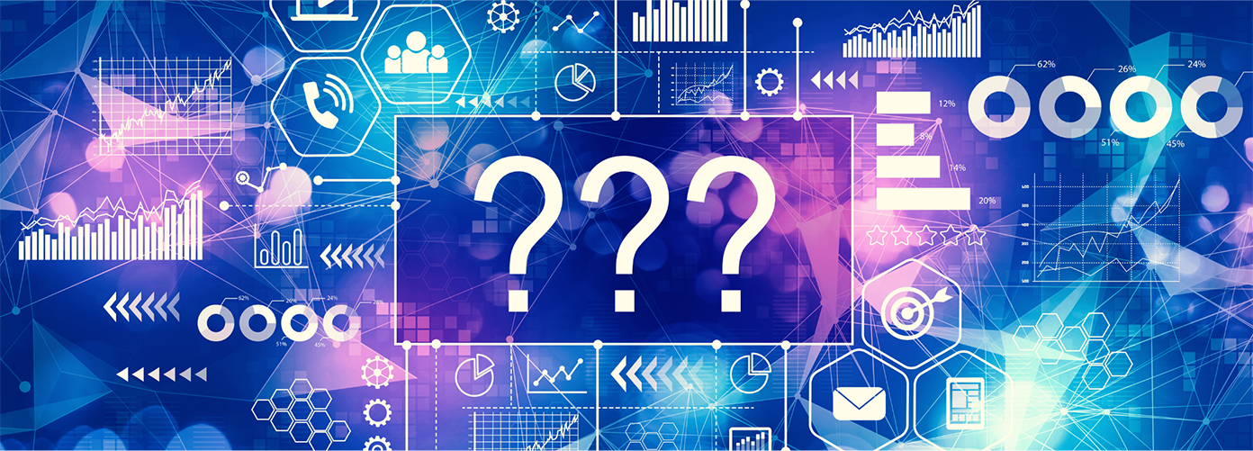 image - VIRTUTEM Abstract data analytics scene with charts, graphs, and three large question marks at center in a purple box, conveying data uncertainty.