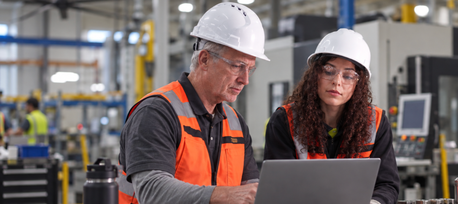 Two factory workers in hard hats and orange safety vests review information on a laptop.
