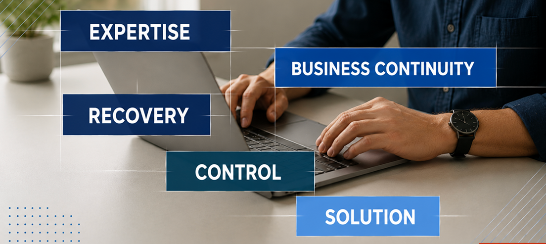 1 Main - VIRTUTEM Business continuity concepts shown over a person typing on a laptop: Expertise, Recovery, Control, Solution, and Business Continuity.
