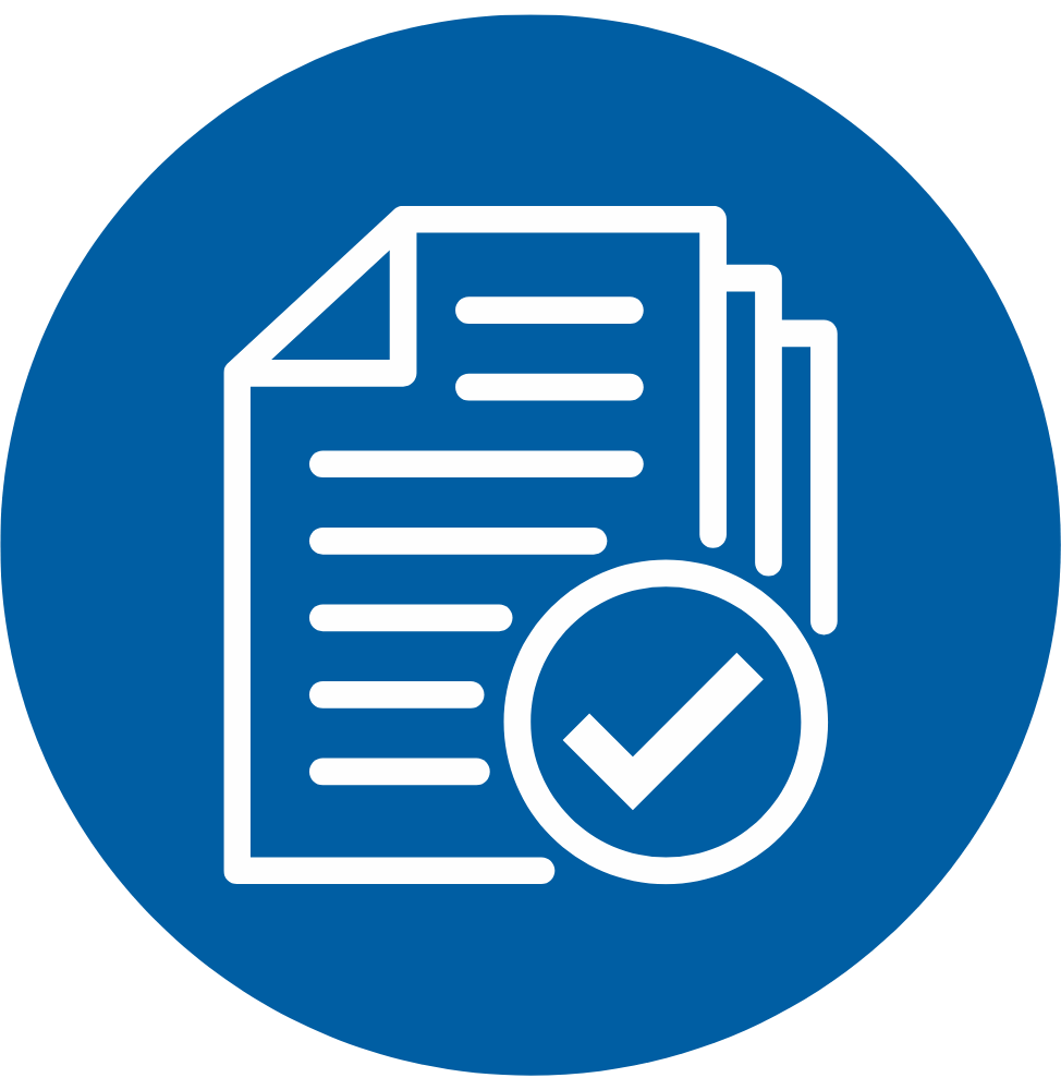 The Risk Framework - Icons - Code Documentation Coverage - VIRTUTEM Blue circular icon showing stacked documents with a white checkmark, indicating verified/approved documents
