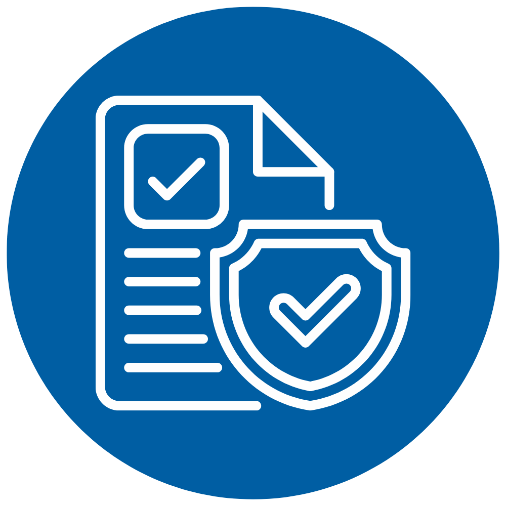 The Risk Framework - Icons - Compliance Posture - VIRTUTEM Blue circle containing a white document with a checkmark and a shield, symbolizing security and compliance.