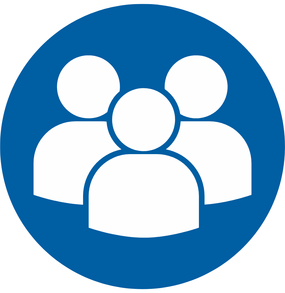 The Risk Framework - Icons - Knowledge Concentration - VIRTUTEM Group of three white user silhouettes on a blue circular background, representing a community or users
