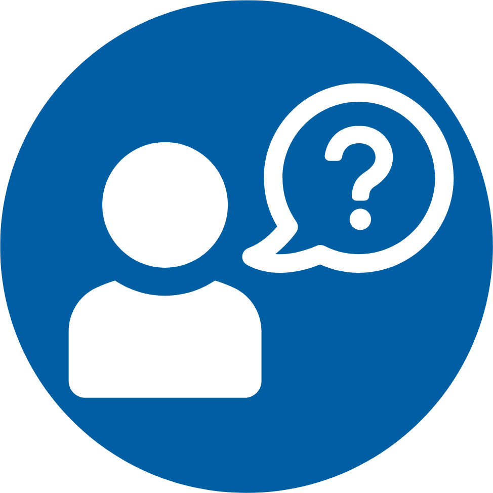 The Risk Framework - Icons - Modification Drift - VIRTUTEM Blue circular help icon showing a user silhouette with a chat bubble containing a question mark, indicating help or support chat