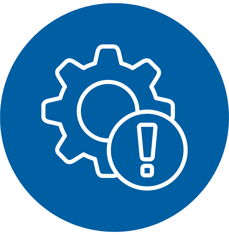 The Risk Framework - Icons - Operational Exposure - VIRTUTEM Warning/settings icon: blue circle with a white gear and an exclamation mark indicating a system alert or configuration issue