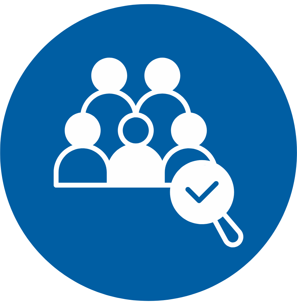 The Risk Framework - Icons - Succession Pipeline Health - VIRTUTEM Blue circular icon showing a group of people with a magnifying glass and a checkmark, symbolizing verified members or approved team.