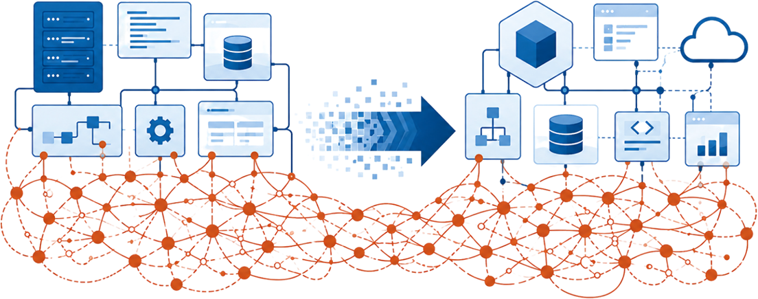 Why Migration Doesn_t Solve This - VIRTUTEM Illustration of interconnected cloud and data icons above a red mesh network, symbolizing data integration in cloud architecture.